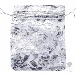 Darčekový sáčok organza 10 x 12 cm strieborný s ružičkami