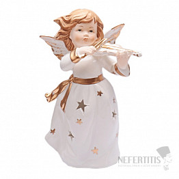 Kerzenhalter aus Porzellan für Teelichter Engel weiß mit Geige 22 cm