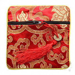 Rote Brokattasche mit Reißverschluss und Glücksmünze 12x12 cm