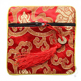 Brocade bag red with zipper and coins for luck 12x12 cm