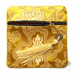 Brocade bag yellow with zipper and coins for luck 12x12 cm