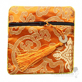 Orangefarbene Brokattasche mit Reißverschluss und Glücksmünze 12x12 cm